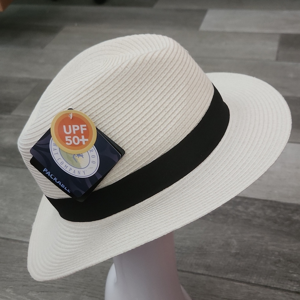 nwt Wallaroo Palm Beach Fedora Sun Hat Black And White w/ Adjustsble Elastic